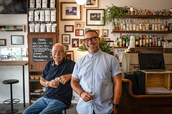 The original Umberto café owner Umberto Finanzio and his son and current owner Marco Finanzio in their High st café in Thornbury