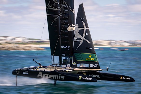 Sweden SailGP Team in action during day one of SailGP Perth.