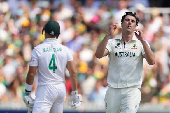 Australian captain Pat Cummins bowling against South Africa at Lord’s in June.