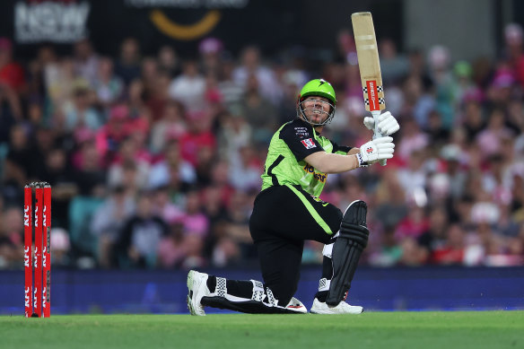 David Warner of the Thunder bats during the BBL The Challenger match between Sydney Sixers and Sydney Thunder at Sydney Cricket Ground in January.