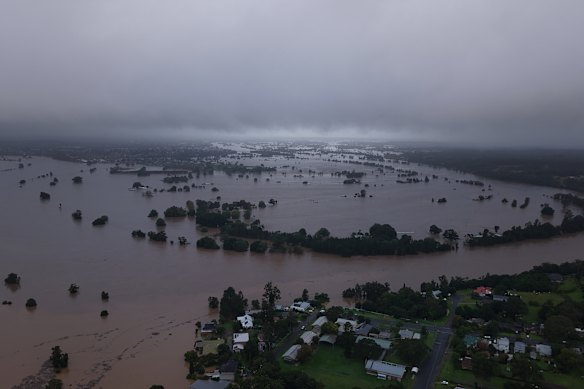 An aerial view of the Taree floods in May 2025. This year alone, extreme weather events have reached nearly $2 billion in insured losses.