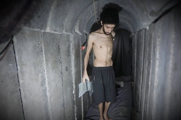 A screenshot of the video showing Israeli hostage Evyatar David.
