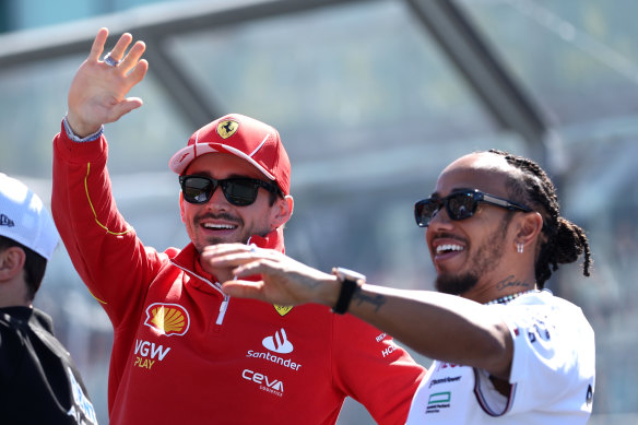 Charles Leclerc of Ferrari and Lewis Hamilton of Mercedes.