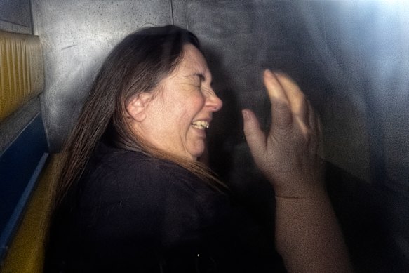 Erin Patterson arrives in the back of a prison transport vehicle at Latrobe Valley Law Courts in Morwell on May 12.
