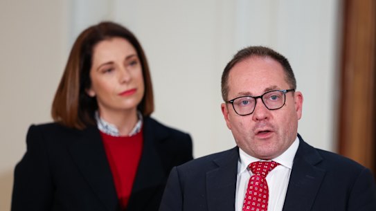 Minister for Communications and Minister for Sport Anika Wells and Assistant Treasurer and Minister for Financial Services Dr Daniel Mulino during a press conference at Old Parliament House in Canberra on Monday 3 August 2026.