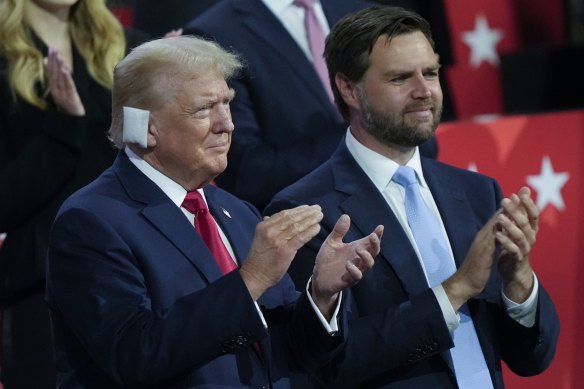 Former president Donald Trump and Republican vice-presidential candidate J.D. Vance at the Republican National Convention.