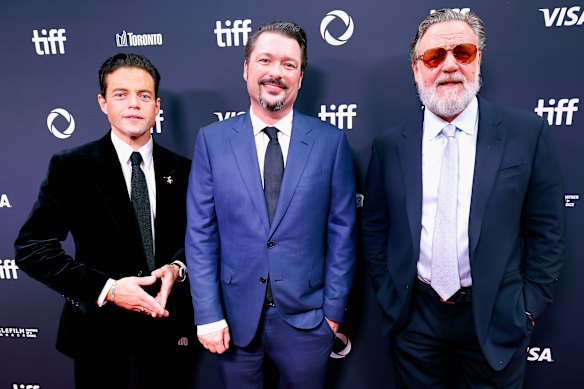Writer-director James Vanderbilt (centre) with his stars Rami Malek (left) and Crowe.