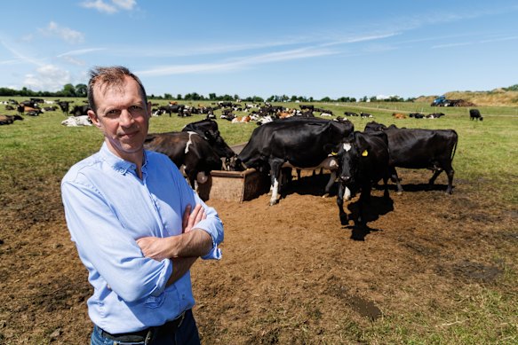Dairy farmer Darragh McCullough, pictured before the drought of the 2026 summer, on his farm in County Meath in Ireland.
