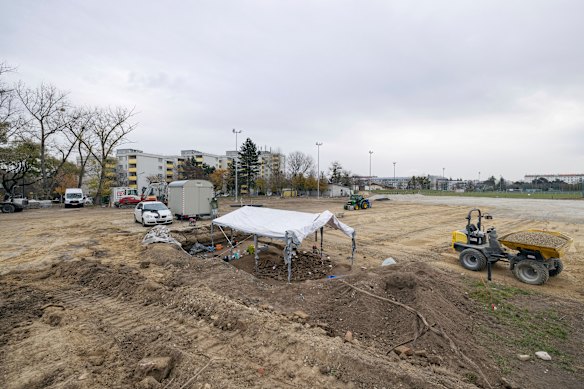 General view on the excavation site in a Vienna football field.