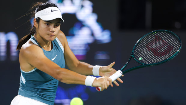 Emma Raducanu in action in her first-round match in Dubai against Maria Sakkari.