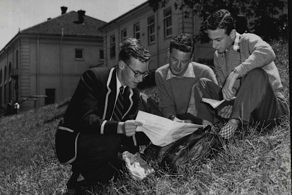 Students at Sydney Boys High discuss the English literature exam paper for the 1956 leaving certificate. 