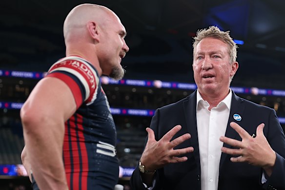 Tough taskmaster: Trent Robinson has been a constant in Angus Crichton’s Roosters career.