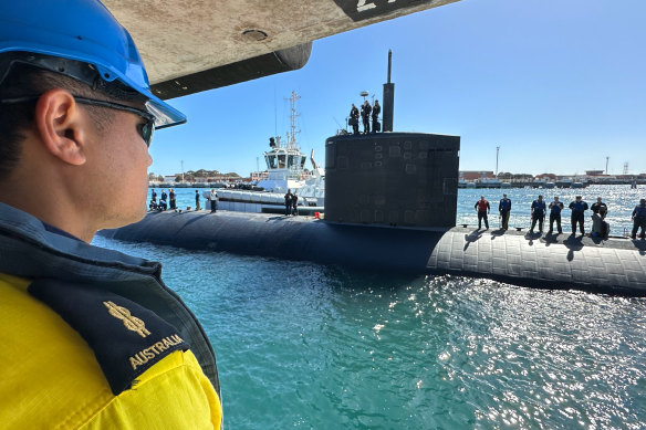 Pit-stop: a US nuclear-powered submarine docks at Rockingham, Western Australia in March last year. The US may not be able to make more than 1.3 such subs a year.
