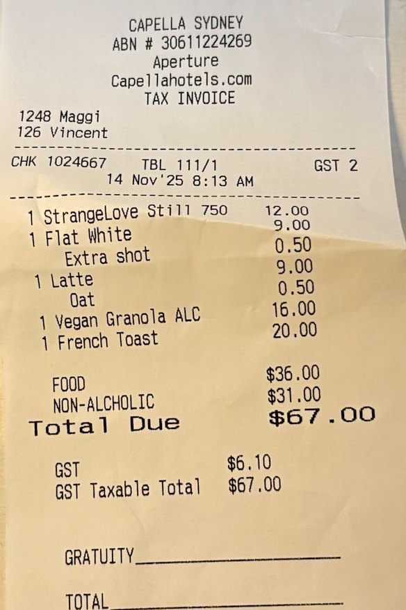 The breakfast bill from Aperture at Capella Sydney.