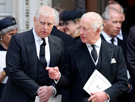 Prince Andrew and King Charles at the funeral of Katharine, the Duchess of Kent, last month.