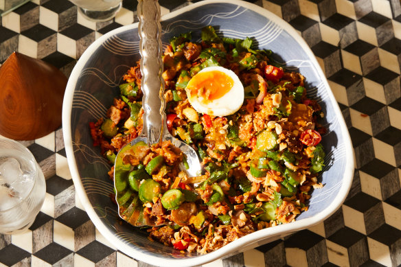Crispy rice salad with sambal peanut sauce.