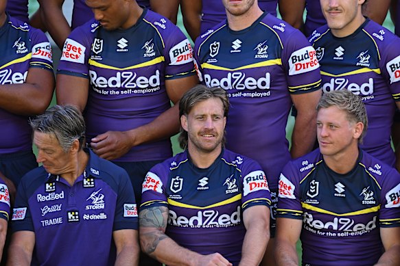 Melbourne Storm star Cam Munster (bottom middle) during the team photo on Wednesday.