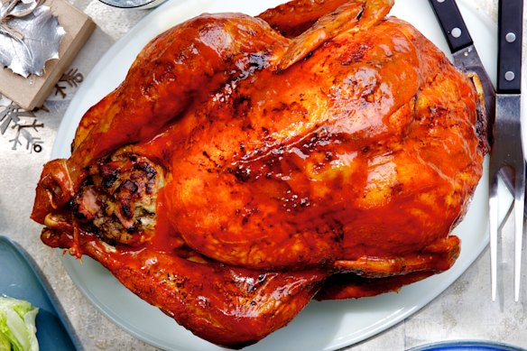 Adam Liaw’s buffalo turkey with bacon burger stuffing.