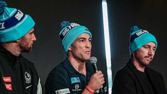 Jeremy Howe (left), Jack Viney (centre) and Dale Thomas were among current and past players in the audience.
