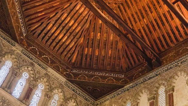 Intricate wooden ceiling patterns at El Transito Synagogue.