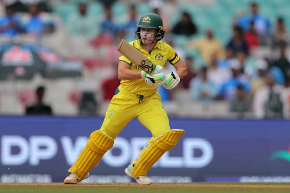 Alyssa Healy bats during the World Cup semi-final against India in October 2025.
