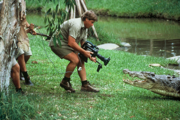 Steve Irwin filming an early episode of The Crocodile Hunter series.