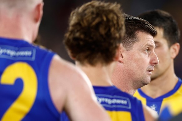 West Coast coach Andrew McQualter during Saturday night’s loss to Collingwood at Marvel Stadium.