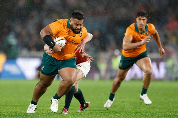 Taniela Tupou makes a break in the third Test in Sydney against the British and Irish Lions