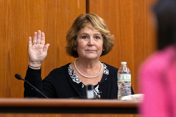 Rebecca “Becky” Hill is sworn in before taking the stand to testify at a 2024 hearing over jury tampering in the Murdaugh case.