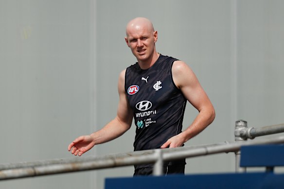 Docherty at Carlton training in 2021, having undertaken chemotherapy for cancer treatment.