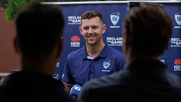 NSW and Australia paceman Josh Hazlewood adresses the media on Saturday.
