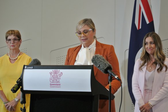 Chair April Freeman speaks at the announcement of the panel’s  appointment, with Youth Justice Minister Laura Gerber (right) and fellow panel member Lyndy Atkinson.