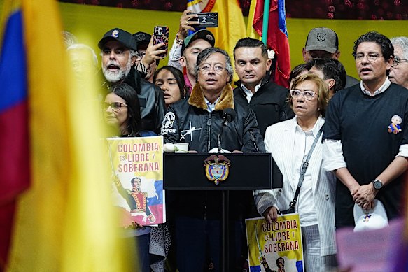 Colombian President Gustavo Petro speaks during an anti-Trump rally in Bogota this week.