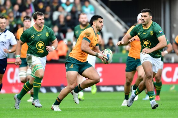 Tom Wright in action for the Wallabies in Cape Town last year, his last Test appearance before injuring his ACL.