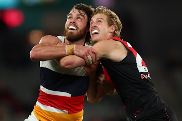 Willing contest: Adelaide’s Riley Thilthorpe and Essendon’s Nick Bryan.