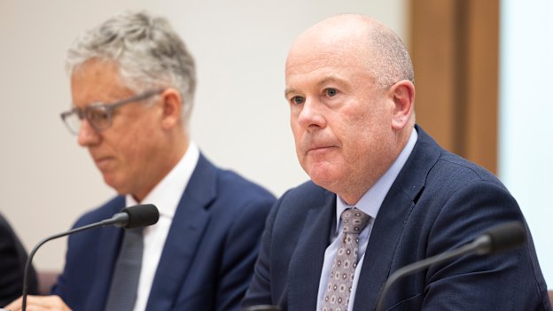 KPMG Australia chairman Martin Sheppard and former CEO Andrew Yates during a hearing at Parliament House in Canberra in 2024.