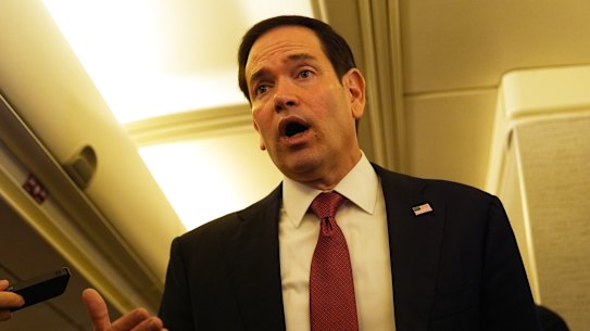 US Secretary of State Marco Rubio speaks to reporters on board his plane at Jaipur International Airport.