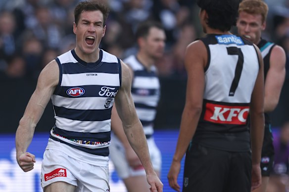 Jeremy Cameron kicked six goals for Geelong in the rout of Port Adelaide.