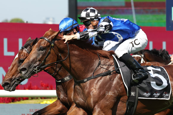 Vauban storms down the outside to win the Sky High Stakes at Rosehill on March 15 with Tim Clark in the saddle.