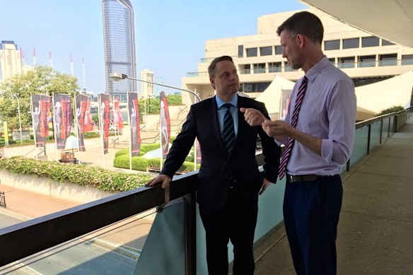 Lord Mayor Adrian Schrinner and then-transport minister Mark Bailey announce an agreement between council and state in 2019 to start work on the Brisbane Metro. 