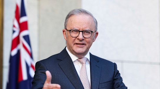 Prime Minister Anthony Albanese at a press conference on Tuesday morning.