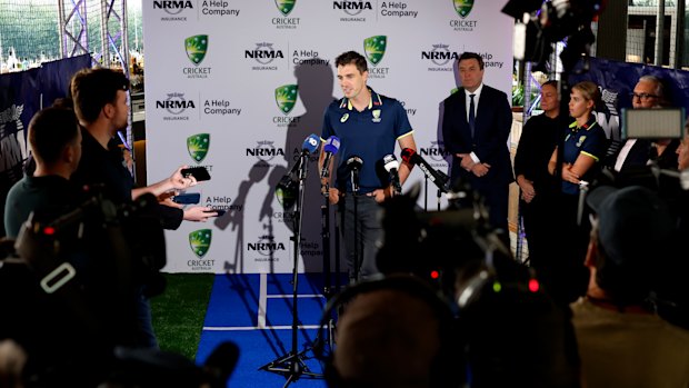 Pat Cummins speaks to the media on Wednesday - this time about someone else’s injury. 