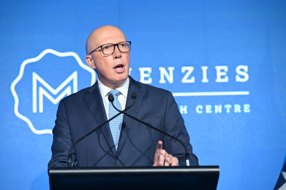 Opposition Leader Peter Dutton speaking at the Menzies Research Centre on Friday.