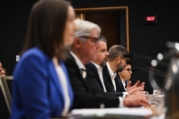 Political staffers Tilly South, Ross Neilson, James Cullen, Edward Ovadia and Sarah Michael appear at the inquiry.