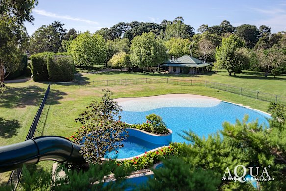The swimming pool with the water slide.
