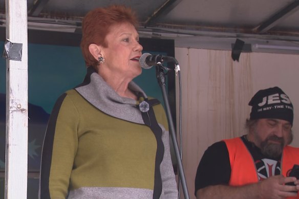 Pauline Hanson speaks to a crowd in Melbourne at an anti-immigration rally.
