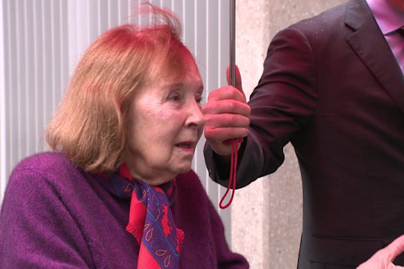 Elisabeth Membrey’s mother Joy outside the Coroners Court of Victoria on July 2.