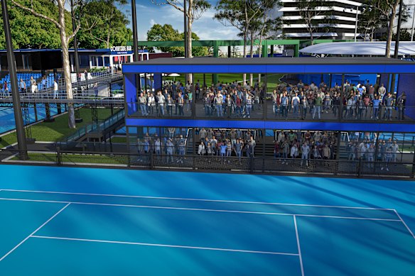 An artist’s render of The Highline, an observation walkway over the western courts.