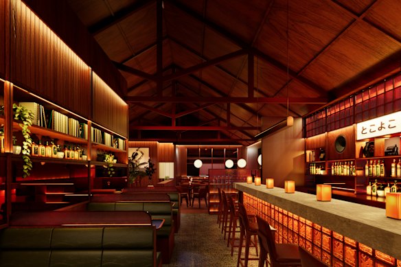 An architectural render of the interior of the restaurant, which is inspired by Japanese listening bars.