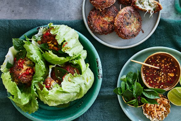 Pork, bean thread vermicelli and makrut lime patties with lettuce, peanuts and Thai dressing.